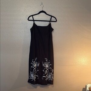 LOFT Black and White Spaghetti Strap Slip Midi Dress